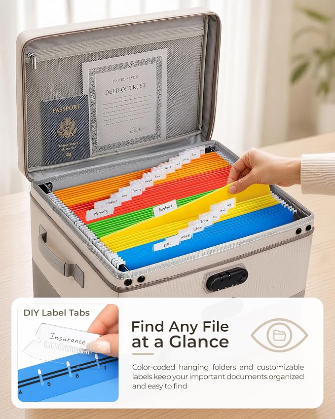 Fireproof Document Box with 2 Locks, 10 Hanging File Folders | Large-Capacity Family Filing System for Organizing Estate Planning, Emergency Preparedness and Home Office Important Document