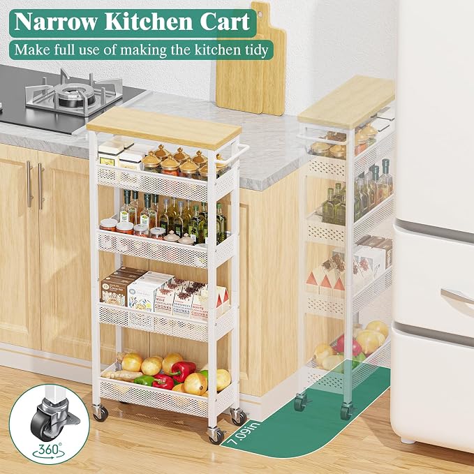 Slim Storage Cart 5 Tier Narrow Kitchen Rolling Cart on Wheels for Small Space, Metal Utility Cart Narrow Bathroom Storage Cabinet Mobile Shelf Unit Organizer with Wood Top and Handle, White