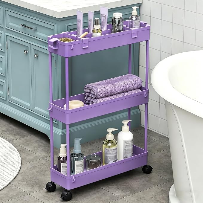 2-piece Set Slim Storage Cart 3 Tier,Bathroom Organizer Rolling Utility,Mobile Shelving Unit Slide Out for Office, Kitchen, Laundry Room & Narrow Places