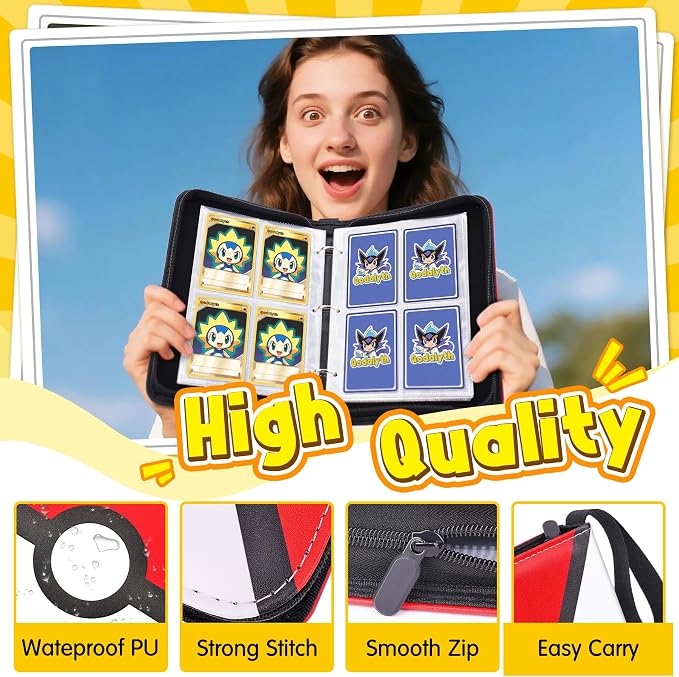 Card Binder – 4 Pocket Zipper Collection Album, Premium PU Holder, Double-Sided Display for 400 Cards, Includes 5 Hard Plastic Sleeves for Game Cards, Sports Cards