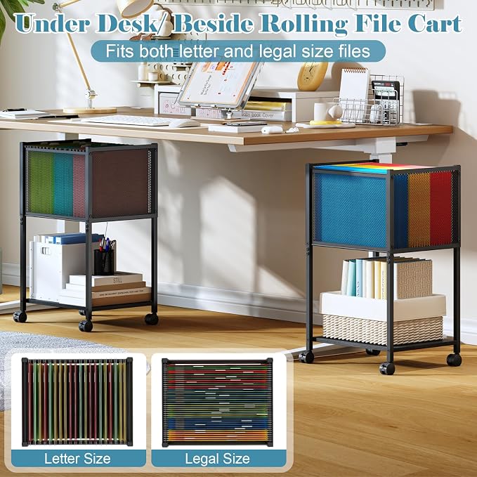Sbanmao Letter/Legal Rolling File Cart, Narrow Mobile File Cabinet with Wheels Hanging Files, Metal Hanging File Folder Cart File Organizer Under Desk Storage for Home Office, Black