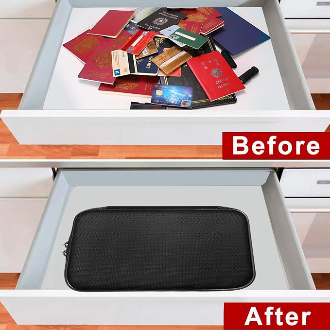 ENGPOW Small Fireproof Storage Organizer Case with Lock, 9”x 5.3”x 3.7” | Money Safe Wallet Carrying Bag with Multi-Pocket, Portable Home Travel for Cash,Card,Passport,Coin,Check,Bill,Soft Box,Black
