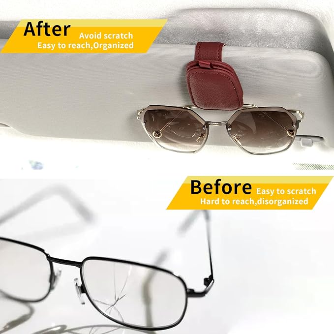 Yuoyar Magnetic Leather Sunglasses Holder for Car, 2 Packs (Red) | Magnetic Car Visor Accessories