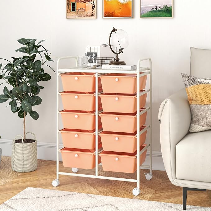 COSTWAY 10 Drawer Rolling Storage Cart, Utility Cart with Lockable Wheels | Mobile Art Supply Craft Organizer with Metal Frame, Multipurpose Drawer Cart for Paper for Office, School, Peach
