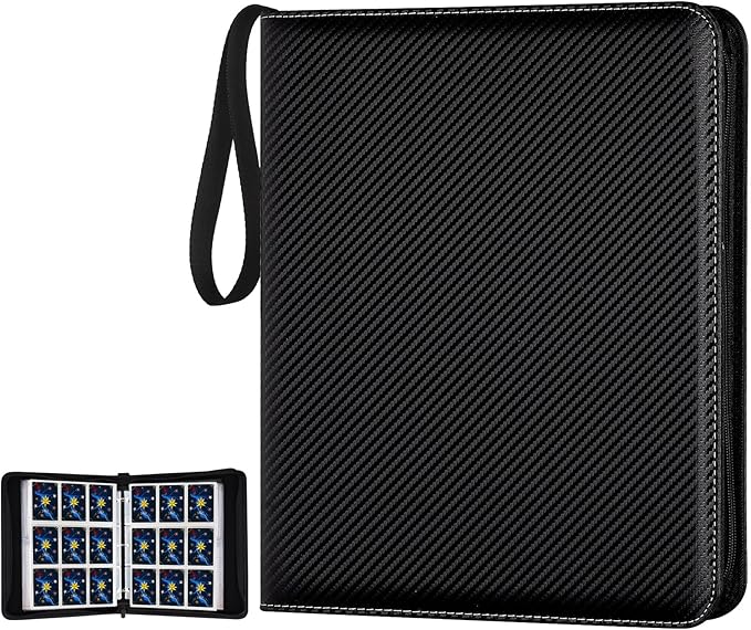 900 Pockets Round Ring Trading Card Binder, 9-Pocket Clear Zipper Card Album with Wrist Strap, Holds 900 Standard TCG & Sports Cards, Not Fit Top Loaders (Carbon Black)