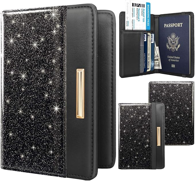 Coco Rossi Passport Holder for Travel Women Slim RFID Passport Cover Wallet | Travel Essentials, Passport Book Holders, Passport Wallet Cover Case, PU Leather, Cute, Thin, Spliced Design, Glitter Black