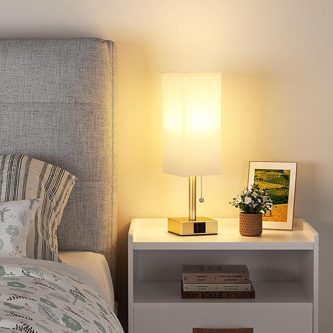 Gold Bedside Table Lamp for Bedroom - Desk Lamp For Nightstand, USB C+A | Pull Chain Lamp, 3 Color Modes(3000K/4000K/5000K), E26 LED Bulb Included, Square White Fabric Lampshade, for Read, Work, Dorm