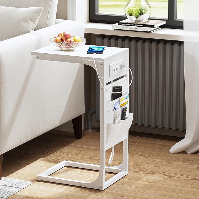 TUTOTAK C Shaped End Table with Charging Station, Side Table for Sofa | Couch Table with Storage Bag, TV Tray with 2 USB Ports and Outlets, Living Room and Bedroom, White TB01BW024