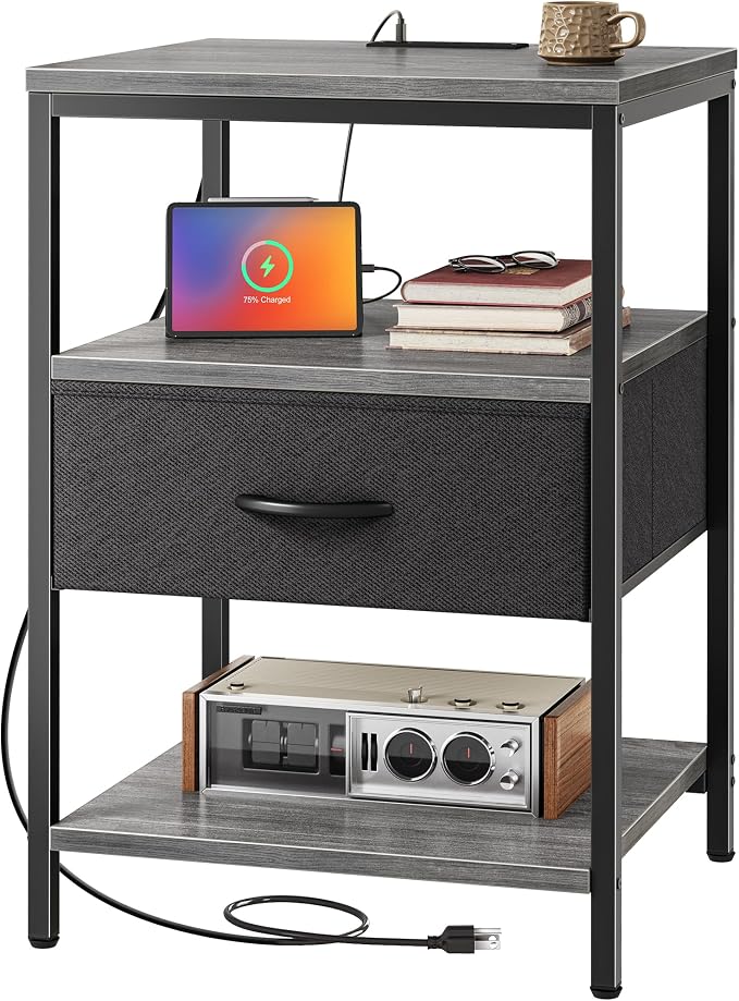 SUPERJARE Nightstand with Charging Station, USB-C Port, Bedside Table | 27.7 Inch Tall Nightstand with Adjustable Fabric Drawer, Large Dresser for Bedroom, Living Room, Gray & Black