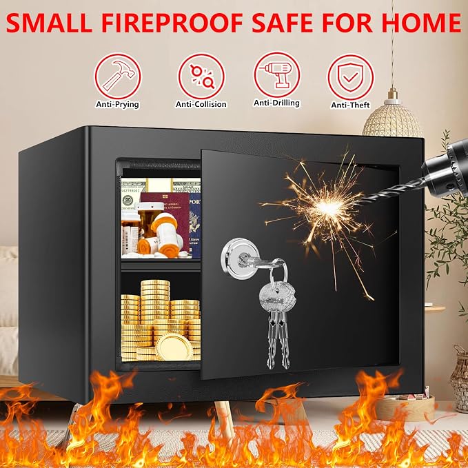1.3 Cubic Feet Fireproof Safe Box with Key Lock, Hidden Steel Security Box with Removable Shelf for Cash, Jewelry, Passports and Medications, Personal Safes for Home/Office, 9.84"D x 13.78"W x 9.84"H