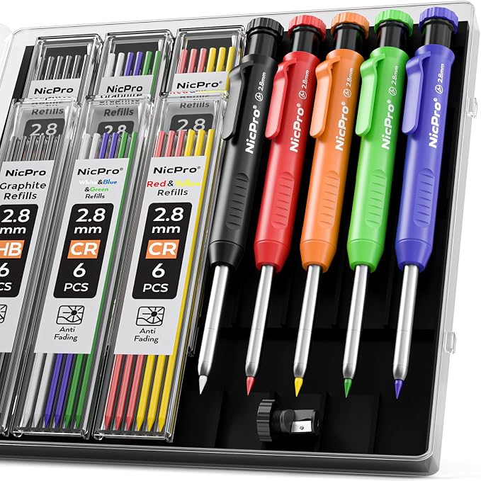 Nicpro 5 Pack Carpenter Pencil with Sharpener, Mechanical Carpenter Pencils | 41 Refills, Construction Pencil Heavy Duty Woodworking Pencils for Architect Marking (Red, Black, Orange, Blue, Black)