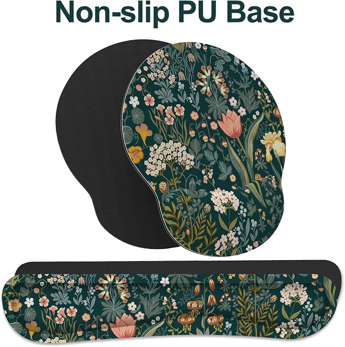 Ergonomic Mouse Pad with Wrist Rest and Keyboard Wrist Rest, Mousepad | Memory Foam Wrist Rest for Computer Keyboard, Pain Relief, Non-Slip Base, Mouse Pad Wrist Support for Gaming, Green Flowers
