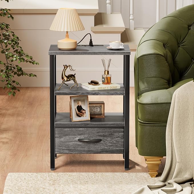 SUPERJARE Nightstand with Charging Station, USB-C Port, Bedside Table | Night Stand for Bedroom, with Adjustable Fabric Drawer, 3-Tier Storage End Table, for Living Room, Grey