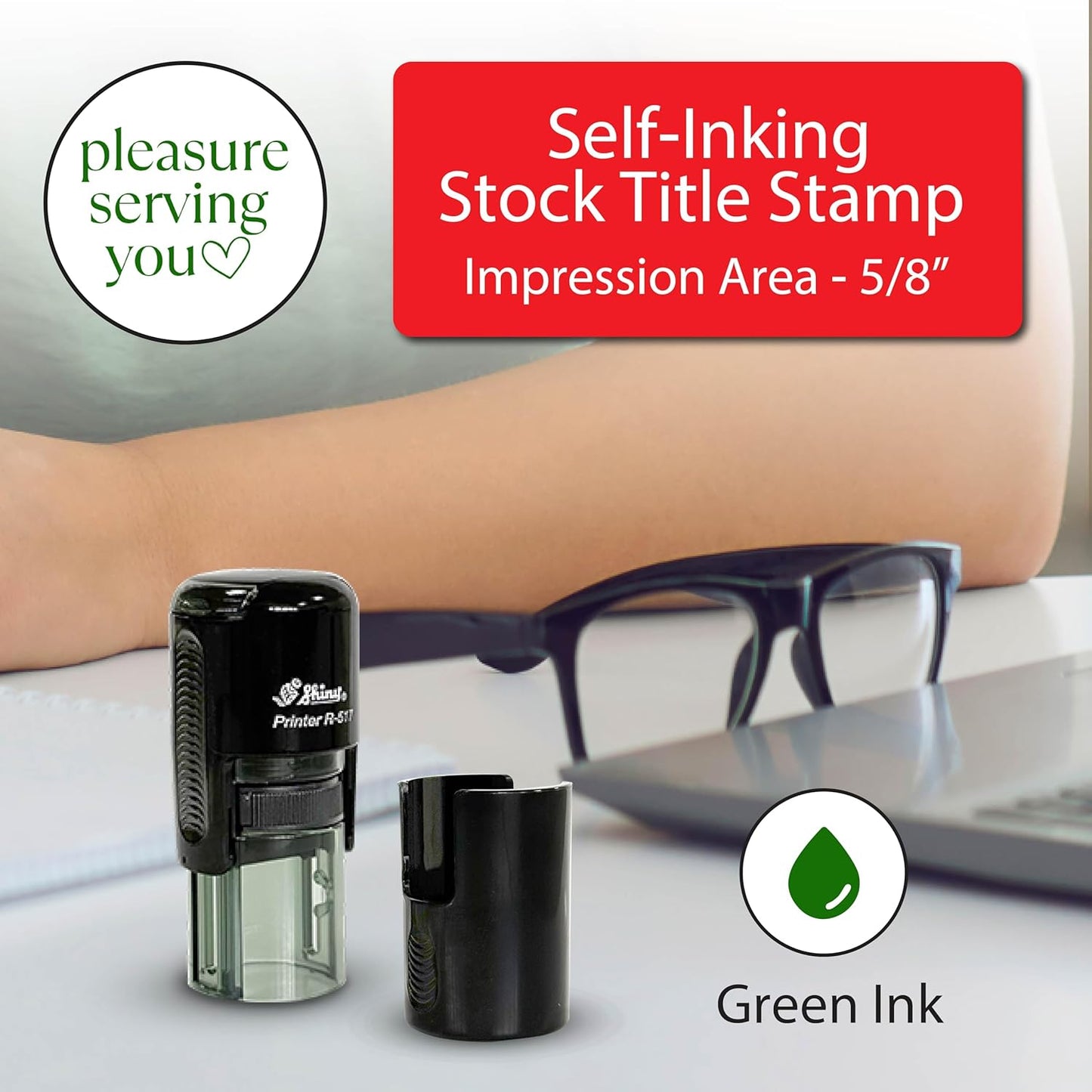 Shiny Pleasure Serving You Stamp, Round Self Inking Stamp for Office and Retail, Green Ink