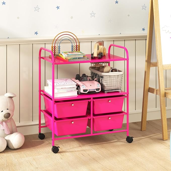 Giantex Rolling Storage Cart w/ 4 Drawers 2 Shelves Metal Rack Shelf Home Office School Beauty Salon Utility Organizer Cart with Wheels, Hot Pink