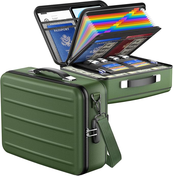 Fireproof Document Box with Lock, Hard-Shell Fireproof Safe Box | Fire proof Lock Box for Home Documents, Portable Travel Fire Proof File Box for Passport Laptop Certificates, Alpine Green