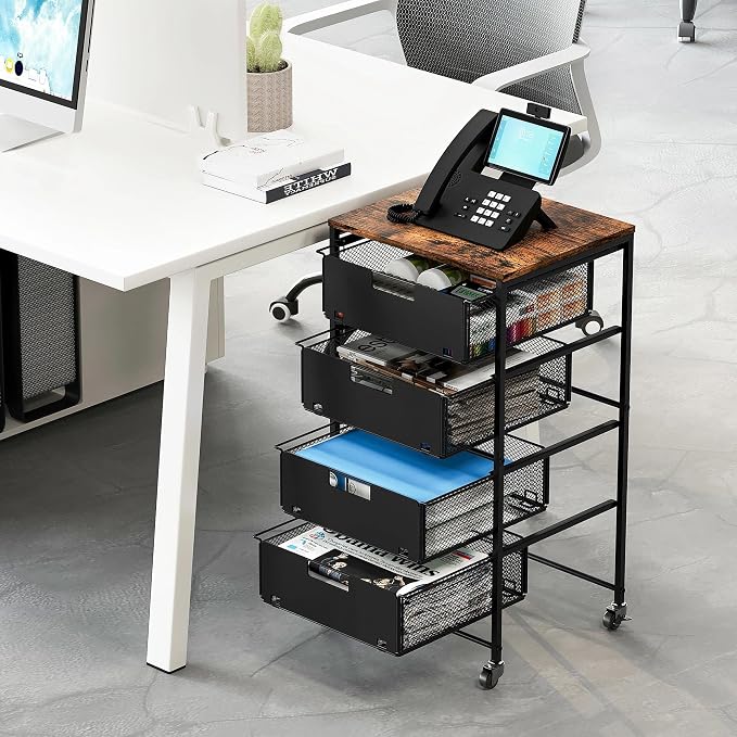 EasyPAG Rolling Storage Cart with 4 Drawers, Under Desk File Cabinet on Lockable Wheels, Moviable Hanging File Folder Organizer with Wooden Printer Stand for Home Office