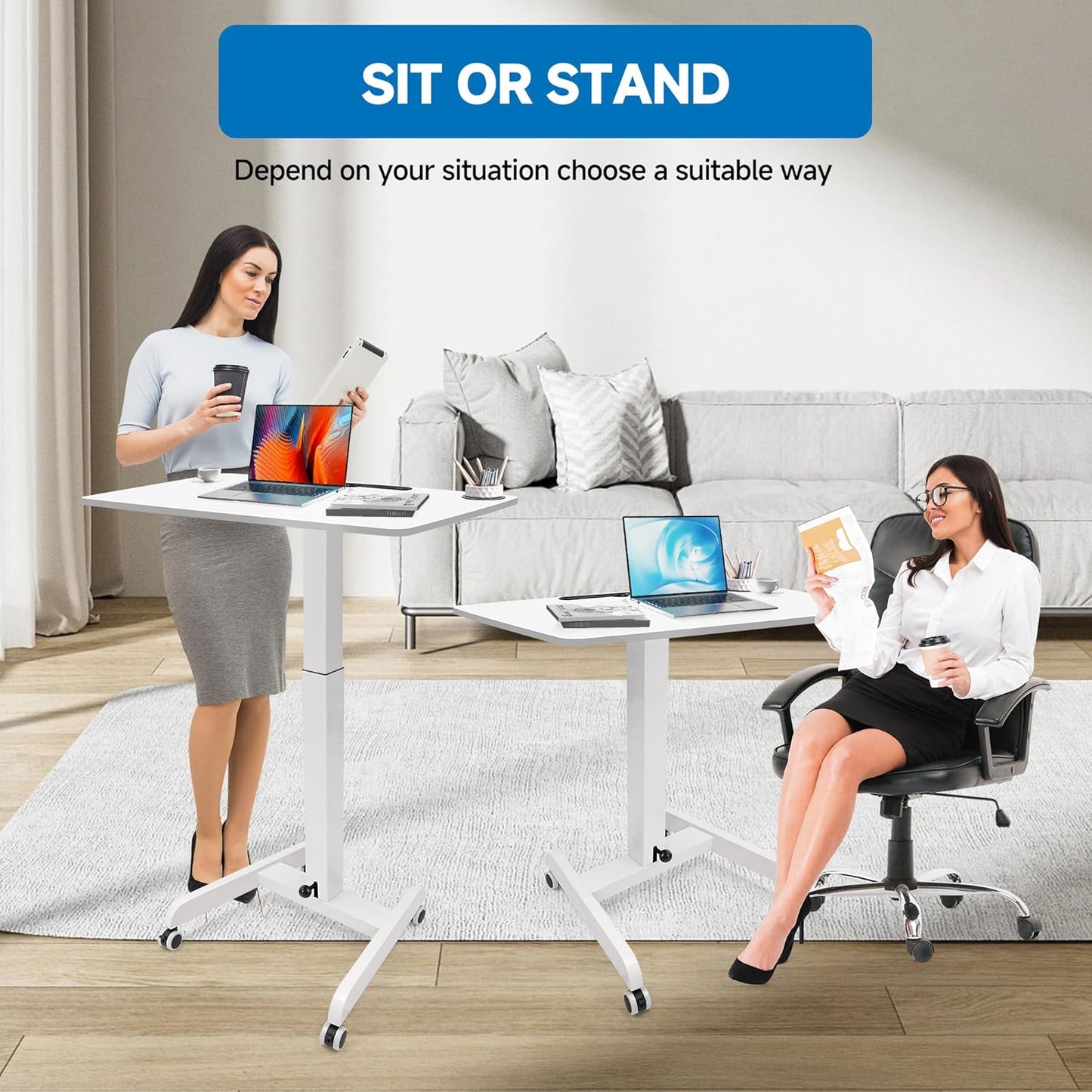 Rolling Laptop Desk Adjustable Height(29.5”- 43.7”)，Mobile Workstation Cart with 23.6" x 20.5"Desktop, Standing Desk Mobile Portable PC Table for Home,Office or Classroom in White