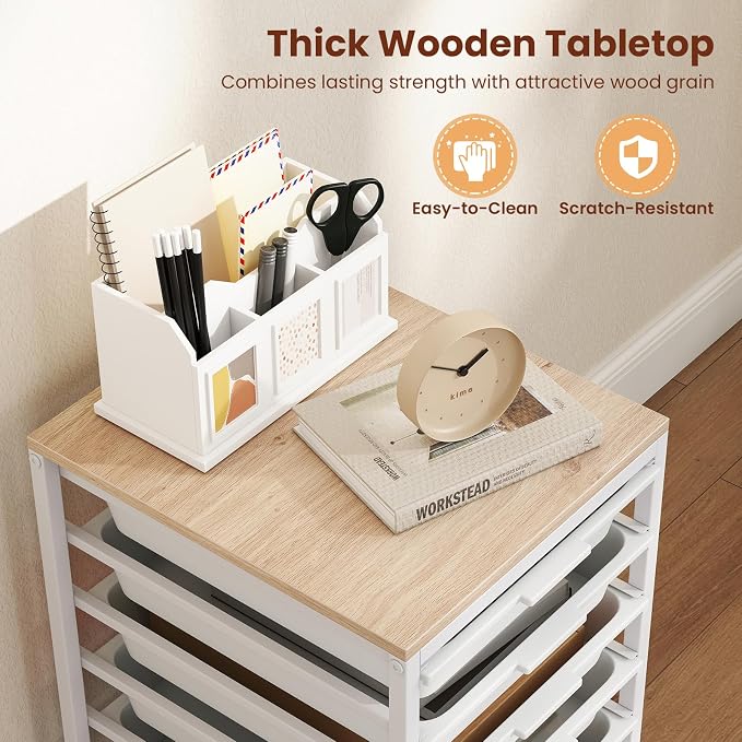 Giantex Rolling Storage Cart with 6 Drawers, Utility Cart w/Wooden Tabletop, Lockable Wheels, Multipurpose Organizer for Art Craft Books Paper, Drawer Carts for Dorm Classroom Office, White