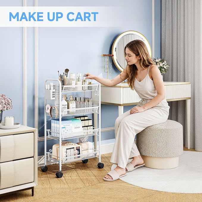 KINGRACK 4 Tier Rolling Cart, Metal Utility Storage Cart with Pegboard | Screwless Assembly, Lockable Wheels, 4 Hooks & 1 Bin, Mobile Organizer for Bathroom Kitchen Office Craft Room Laundry, White
