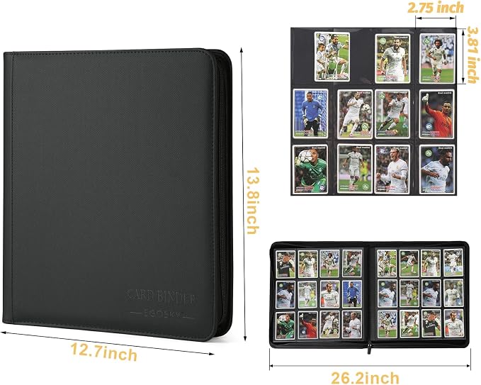 12-Pocket Business Card Binder holds 720 Cards, Premium Diamond Texture PU Leather Name Card Holder Organizer with Zipper, Black Sleeves Side Loading Card Book for Collectors & Office