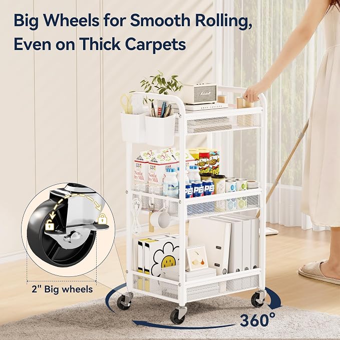 3 Tier Metal Rolling Cart, White Utility Storage Cart with Wheels | Metal Mesh Craft Cart With Hooks & Hanging Cups, Ideal For Kitchen, Bathroom, Office, Dorm, Art Workspace, Bedside Storage