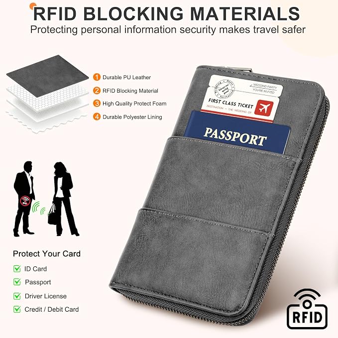 RFID Family Passport Holder Wallet - Travel Document Organizer | PU Leather, with Wristlet, Zipper, Cards, Boarding Pass, ID, Cash, Ticket Pockets,Travel Essentials Gifts for Women Men