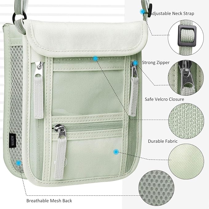 WALNEW Passport Holder Neck Pouch Travel Wallet for Women and Men, RFID Blocking Security Slim Traveling Wallet with Around Neck Lanyard Strap, Light Green | Around Neck Lanyard Strap, Travel Safety Anti Theft Bag, Neck Wallet for Traveling Women