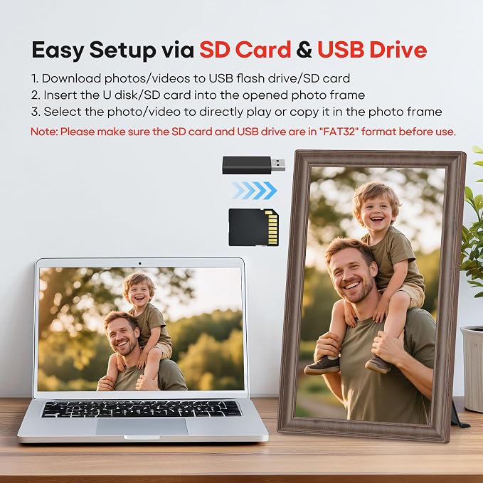64GB 15.6" Frameo Digital Picture Frame WiFi, Large Electronic Photo Frames Wood 1920 x 1080 IPS FHD Touch Screen, Send Photos from Your Phone from Anywhere, Best Gifts for Family and Friends