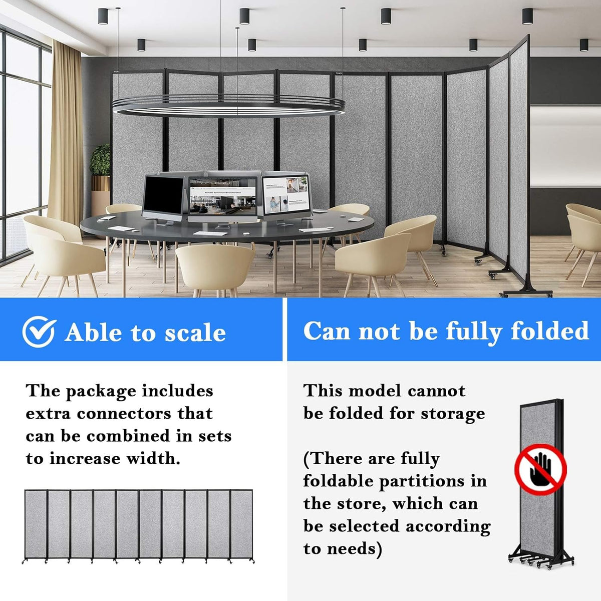 Upgrade Version Room Partition and Divider, Freestanding Rolling Dividers with Wheels,Office Privacy Screen Divider Wall,Classroom Felt Dividers,12'2"L* 6'7"H,6 Panel，Light Grey