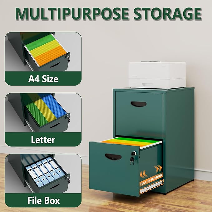 Polup 2 Drawer File Cabinet with Lock, Metal Filing Cabinet for Home Office | Small Locking Cabinet for Under Desk Storage, Printer Stand, Fits Letter Size, Green, 26"H x 15"W x 18"D, Easy Assembly