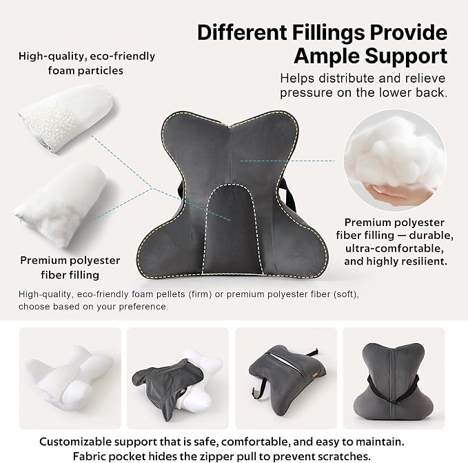 Lumbar Support Pillow (Pat. Pend) for Office Chair, Couch, Recliner & Car Seat, Ergonomic Back Support for Lower Back Comfort, with Adjustable Strap to Stay in Place, Steel Gray