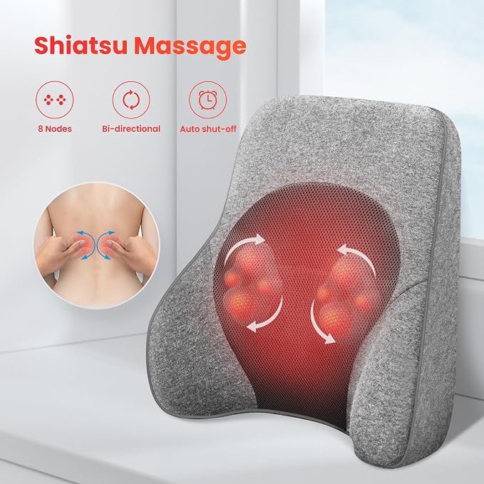 COMFIER Lumbar Support Pillow for Office Chair with 4 Shiatsu Massage Heads & Heat, Memory Foam Back Support for Computer Gaming Chair - Dark Gray