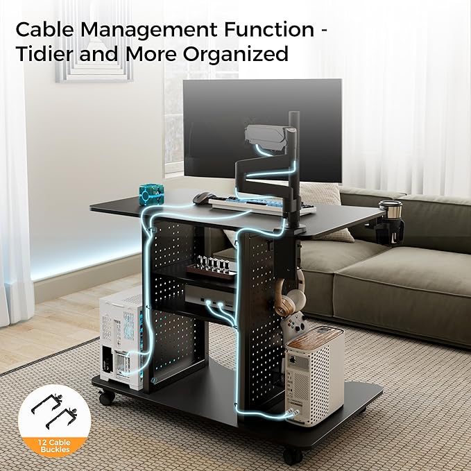 EUREKA ERGONOMIC Gaming Desk Computer, 37" Rolling Desk on Wheels for Small Space, Mobile Computer Cart with Pegboards Adjustable Shelves for Gaming PS Switch Home Office - Black