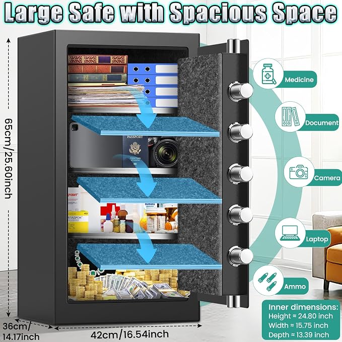 𝟔𝟎 𝐌𝐢𝐧𝐬 Large Heavy Fireproof Waterproof Safe, 7.0 Cuft Alloy Steel Safe with 7 Solid Thicken Lock Bolts, Combination Lock and Fireproof Liner, Anti-Theft Safes for Cash Jewelry Documents