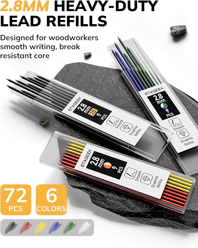STAGEEK 2.8mm Mechanical Carpenter Pencils with Sharpener, 4 Pack | 76 Refills, Construction Pencil Heavy Duty Woodworking Tools, Waterproof Deep Hole Long Nib Marker Pens for Architect Marking