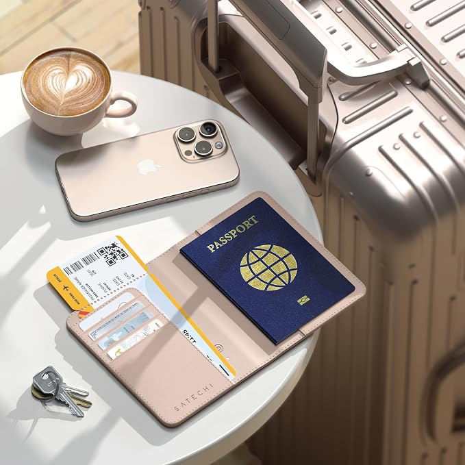 Satechi Passport Holder with Find My Tracking, Vegan Leather, Desert Rose | 4-slot card wallet, wireless charging, RFID protection, vegan leather