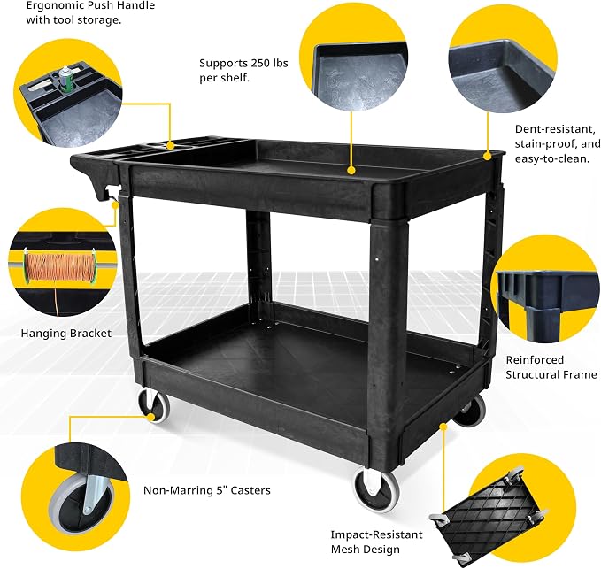 MaxWorks 2‑Tier Heavy‑Duty Utility Service Cart 500 lb Capacity 46" x 25.5" x 33.5" with 5" Swivel Casters and Polypropylene Shelves for Garage Workshop Warehouse Office (80858)