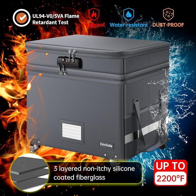 DocSafe Fireproof Document Box with Lock,2-Layer File Box with Wheels,Collapsible File Storage Organizer with Pockets,Large Portable Office Filing Cabinet for Hanging Folders,Gray,16''x13.8''x12.2''