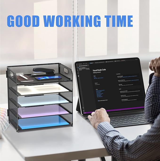 5 Trays Paper Organizer Letter Tray with Handle-Mesh Desk File Holders, Paper Sorter Desk Organizer for Office, Home, Classroom or School