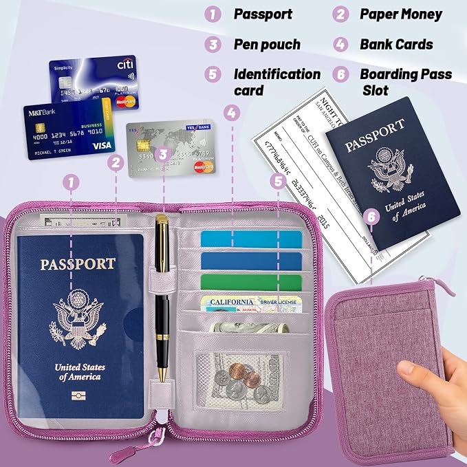 Passport Holder for Travel, RFID Blocking Wallet for Couples Men and Family | Multi-compartment organizer holds passports, cards, tickets, IDs and cash for women, couples and international family travel