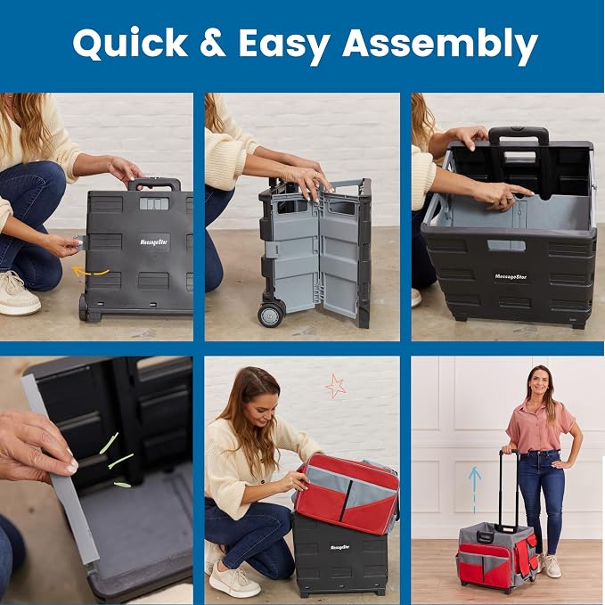 ECR4Kids Universal Rolling Cart with Canvas Organizer Bag, Mobile Storage, Red/Grey | Durable plastic, 30 compartments, adjustable handle, 40 lb capacity, collapses to 3" thick, rolling wheels for easy transport