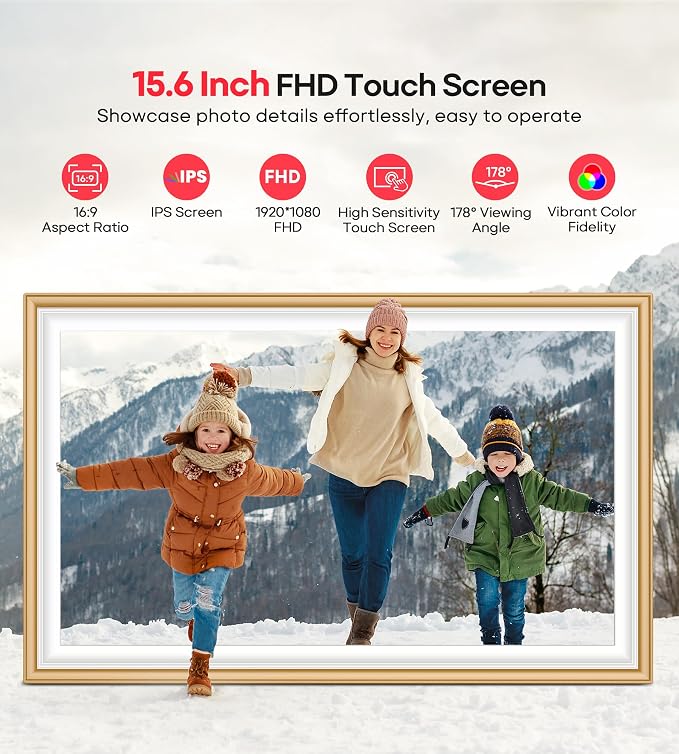 64GB Frameo 15.6" Digital Picture Frame Large 1920 x 1080 IPS FHD Touch Screen WiFi Electronic Photo Frames Share Moments Instantly Anywhere Best Gifts for Parents and Grandparents Golden White