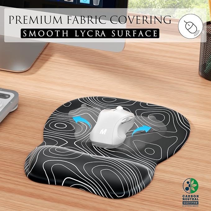 MROCO Ergonomic Mouse Pad Gel Wrist Rest, 9.4 x 8.1 in, Black Topographic | Ergonomic Shape Design, Multiple Pattern Options, Gel Wrist Comfort, Smooth Lycra Surface, Non-Slip PU Base