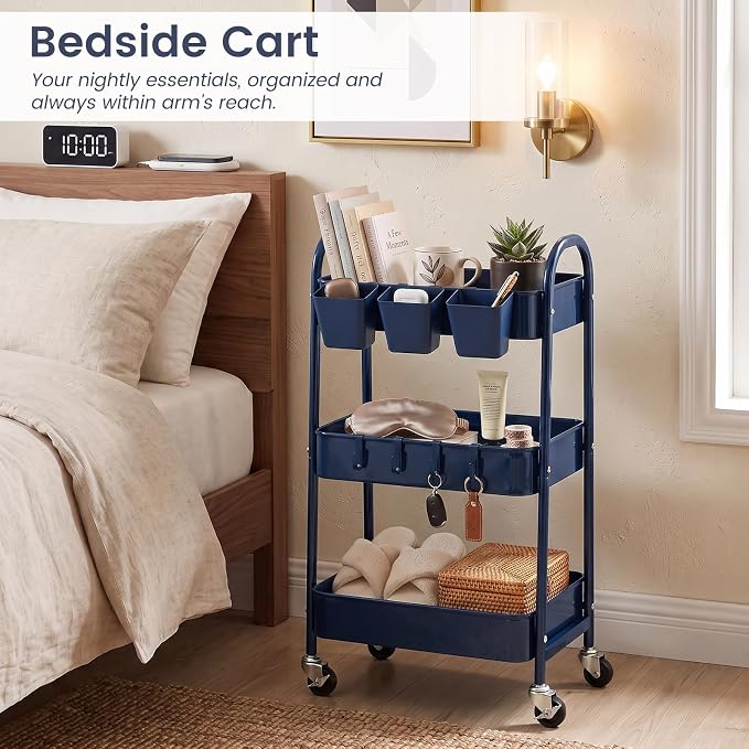 3-Tier Rolling Cart, Utility Cart Mobile Metal Rolling Storage Cart with Lockable Wheels & Hanging Cups & Hooks for Kitchen, Bathroom, Office, Workshop, Dark Blue