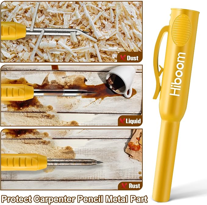 Hiboom 2 Pack Carpenter Pencils with Pencil Cap and 18 Refills, Yellow | Mechanical Pencil, Deep Hole Marking, Built-In Sharpener, Long Nose Tip, Pocket Clip, Marks Many Surfaces, Woodworking Use