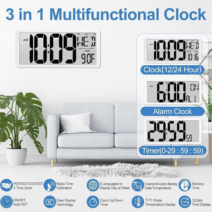 18.6" Extra Large Amotic Digital Wall Clock Battery Operated Alarm Clock with Day Date & Temperature Jumbo LCD Display Clock for Wall Bedroom Living Room Classroom Home Office