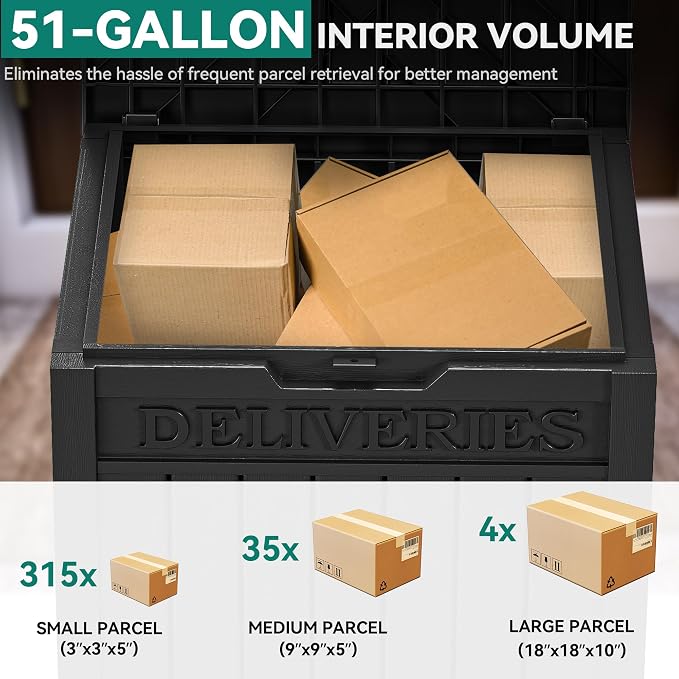 YITAHOME 51 Gallon Resin Package Delivery Box for Outside, Storage Box with Lockable Secure, Resin Deck Box for Porch, Curbside（Black）