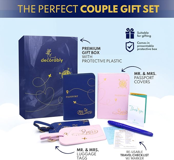 Decorably Matching Leather Mr and Mrs Passport Holder Set - Blue & Pink with Luggage Tags, for Wedding Gift, Bridal Shower, Engagement, Anniversary, Gift for Couples
