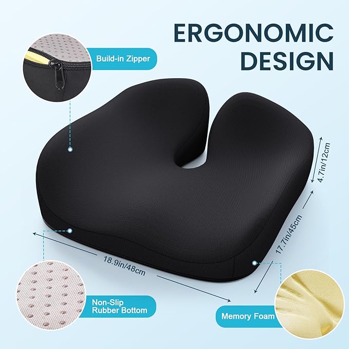 Benazcap Memory Foam Seat Cushion for Office Chair, Ergonomic Chair Cushions for Tailbone Pain Relief, Sciatica & Back Support, Office Chair Cushion & Car Seat Cushion